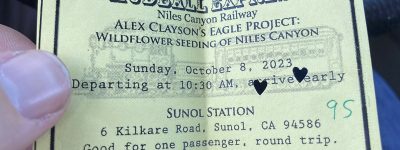 A ticket for the Mudball Express being held in a person's hand.
